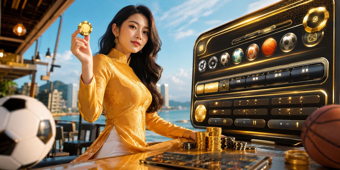 Phong cảnh Vũng Tàu với người mặc áo dài trên nền cá cược